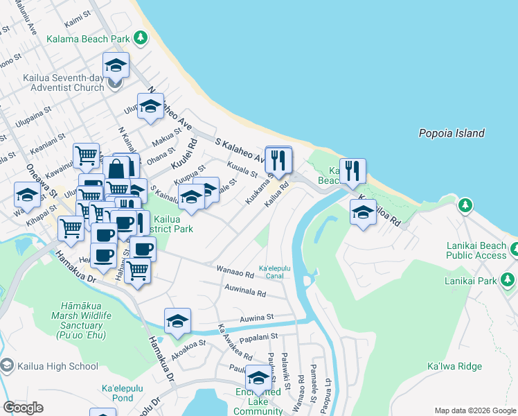 map of restaurants, bars, coffee shops, grocery stores, and more near 177 Kuukama Street in Kailua