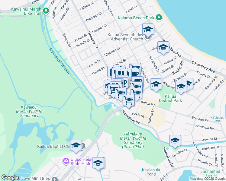 map of restaurants, bars, coffee shops, grocery stores, and more near 543 Wailepo Street in Kailua