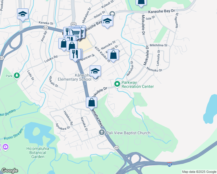map of restaurants, bars, coffee shops, grocery stores, and more near 45-189 Leleua Place in Kaneohe