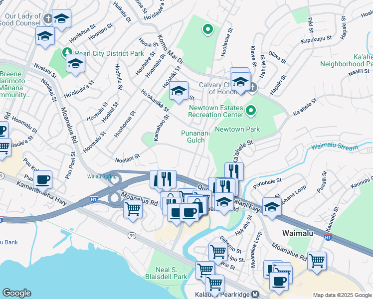 map of restaurants, bars, coffee shops, grocery stores, and more near 98-441 Hookanike Street in Pearl City