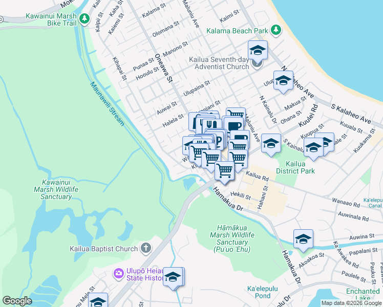 map of restaurants, bars, coffee shops, grocery stores, and more near 561A Kawainui Street in Kailua