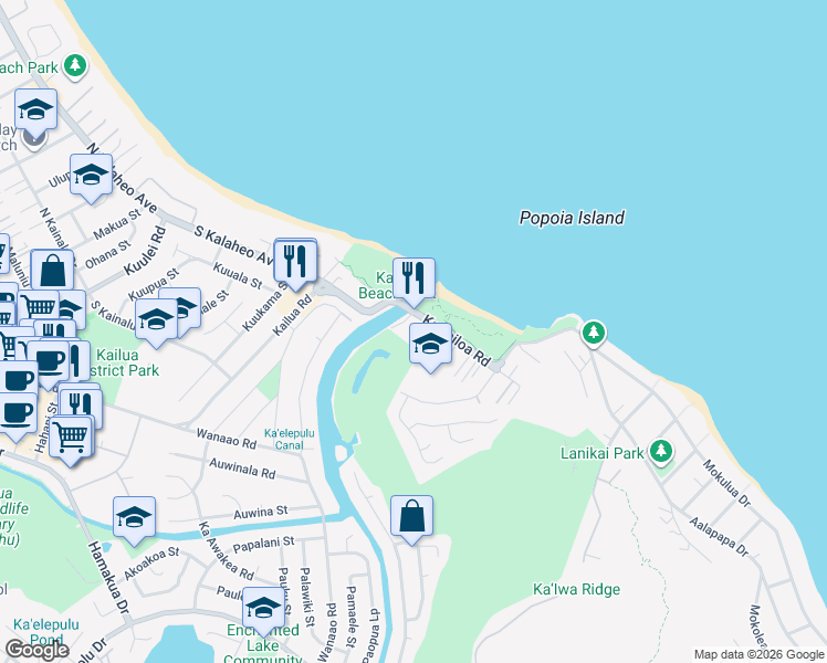 map of restaurants, bars, coffee shops, grocery stores, and more near 413 Kawailoa Road in Kailua