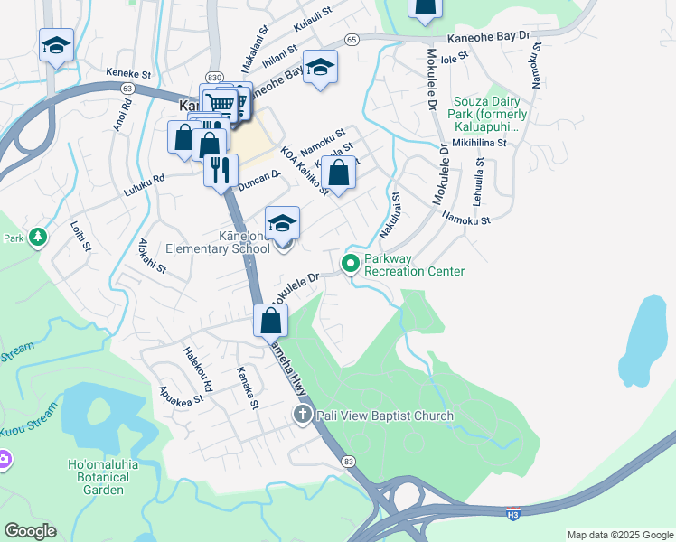 map of restaurants, bars, coffee shops, grocery stores, and more near 45-189 Leleua Place in Kaneohe