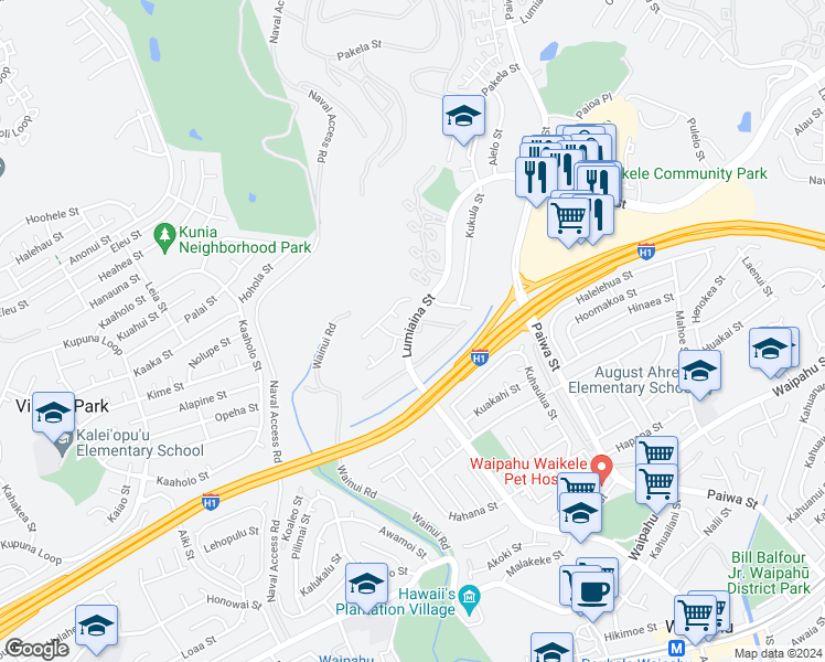 map of restaurants, bars, coffee shops, grocery stores, and more near 94-230 Kanawao Place in Waipahu