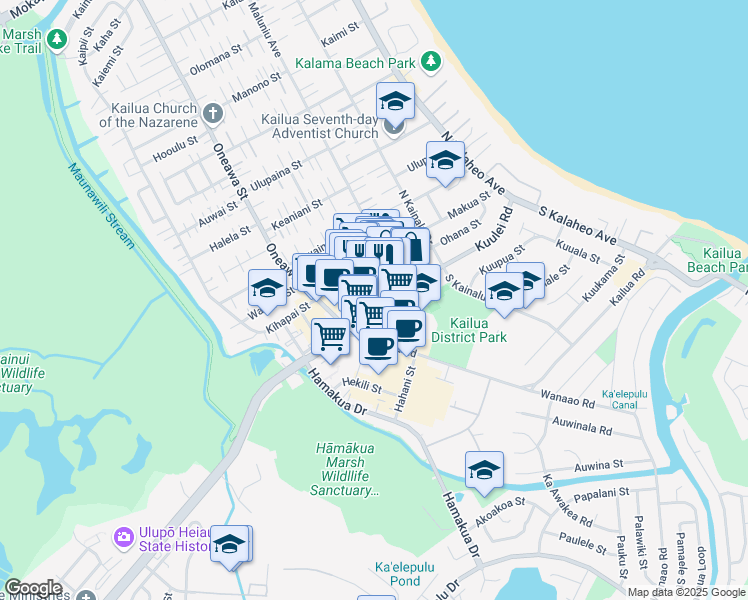map of restaurants, bars, coffee shops, grocery stores, and more near 318C Kuulei Road in Kailua