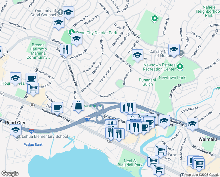 map of restaurants, bars, coffee shops, grocery stores, and more near 98-935 Noelani Street in Pearl City