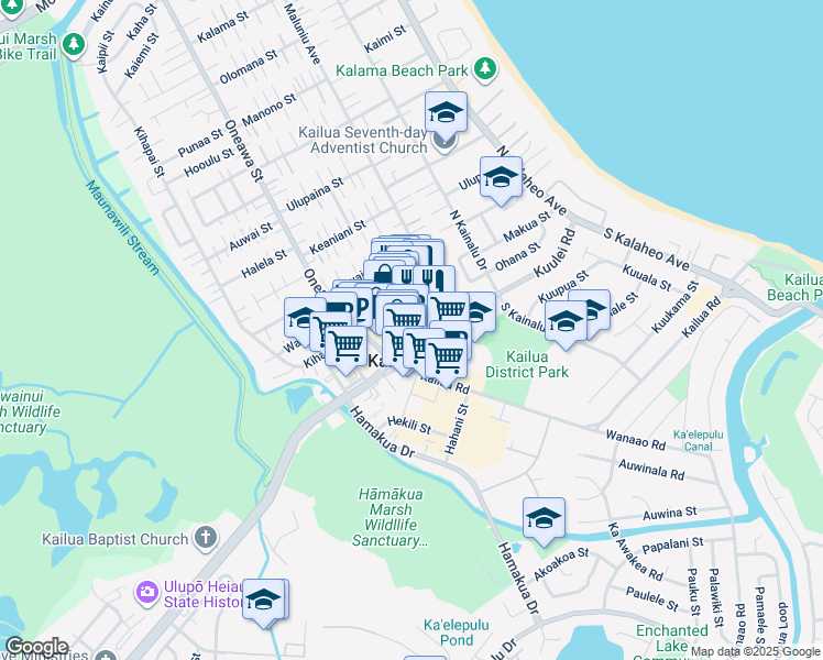 map of restaurants, bars, coffee shops, grocery stores, and more near 33 Aulike Street in Kailua