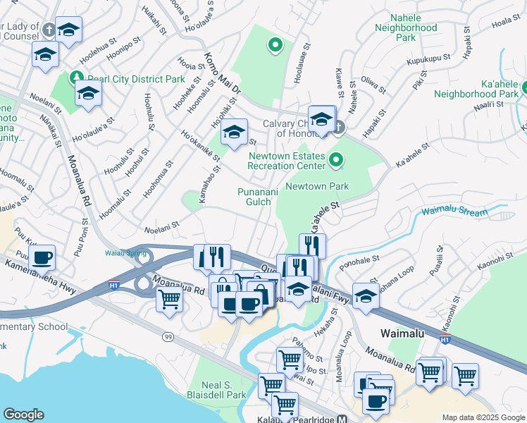 map of restaurants, bars, coffee shops, grocery stores, and more near 98-1429 Kaʻahumanu Street in Aiea