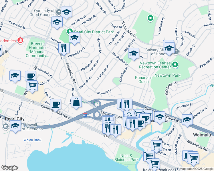 map of restaurants, bars, coffee shops, grocery stores, and more near 98-935 Noelani Street in Pearl City