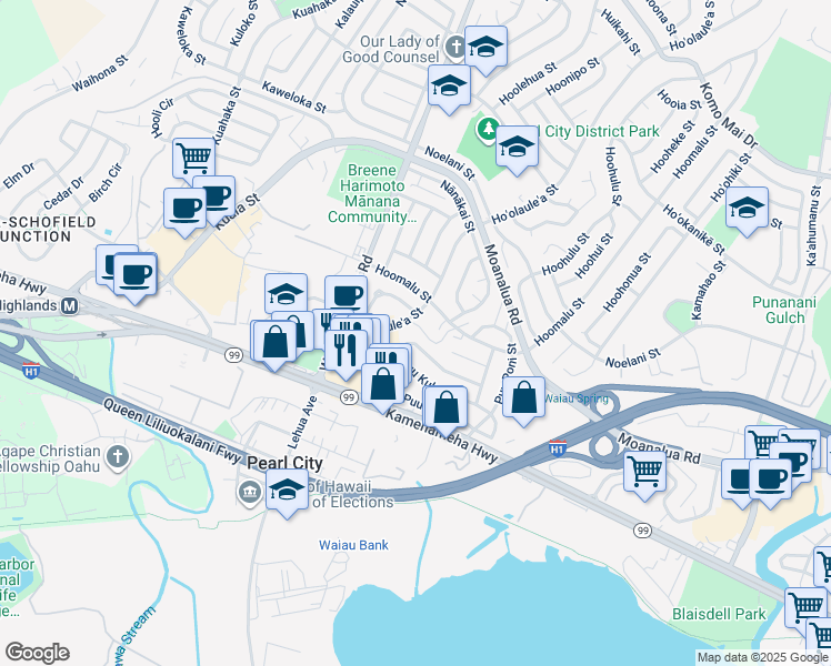 map of restaurants, bars, coffee shops, grocery stores, and more near 1185 Hoʻolauleʻa Street in Pearl City