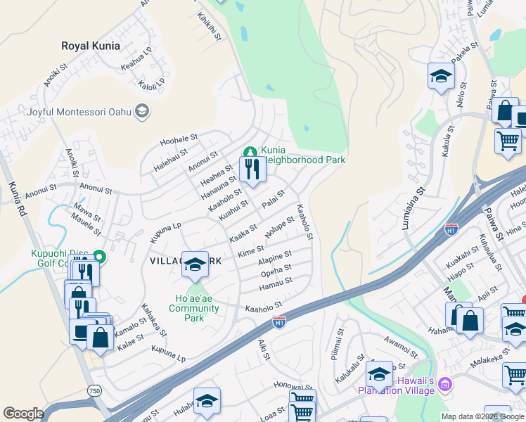 map of restaurants, bars, coffee shops, grocery stores, and more near 94-518 Palai Street in Waipahu