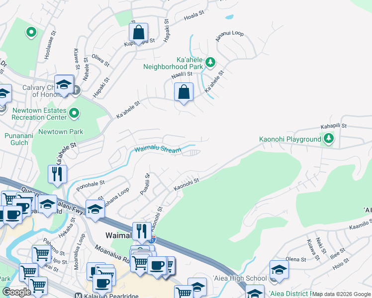 map of restaurants, bars, coffee shops, grocery stores, and more near 98-633 Kilinoe Street in Aiea