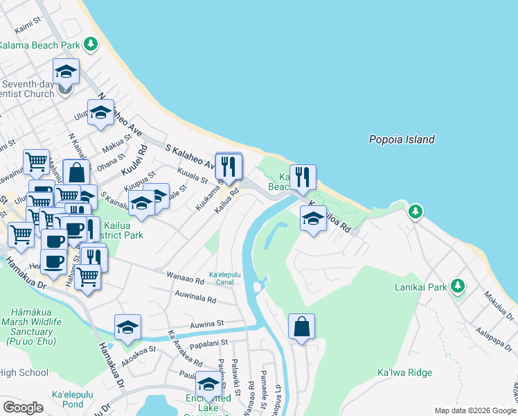 map of restaurants, bars, coffee shops, grocery stores, and more near 111 Kakahiaka Street in Kailua