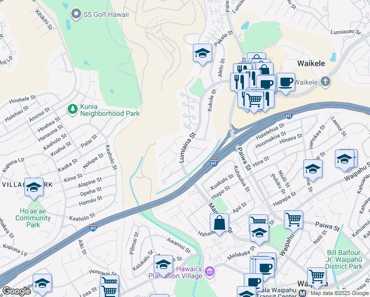 map of restaurants, bars, coffee shops, grocery stores, and more near 94-230 Kanawao Place in Waipahu