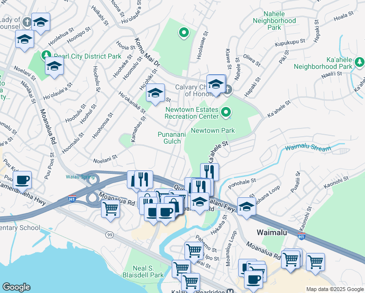 map of restaurants, bars, coffee shops, grocery stores, and more near 98-1429 Kaʻahumanu Street in Aiea