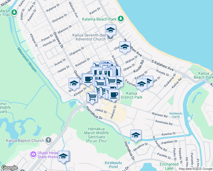 map of restaurants, bars, coffee shops, grocery stores, and more near 318C Kuulei Road in Kailua