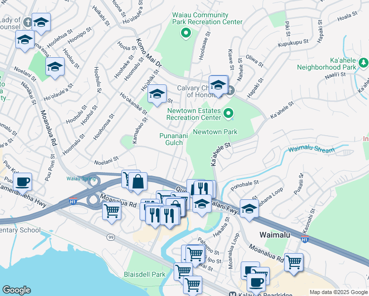 map of restaurants, bars, coffee shops, grocery stores, and more near 98-1429 Kaʻahumanu Street in Aiea
