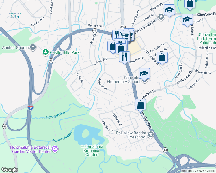 map of restaurants, bars, coffee shops, grocery stores, and more near 45-559 Awapapa Place in Kaneohe
