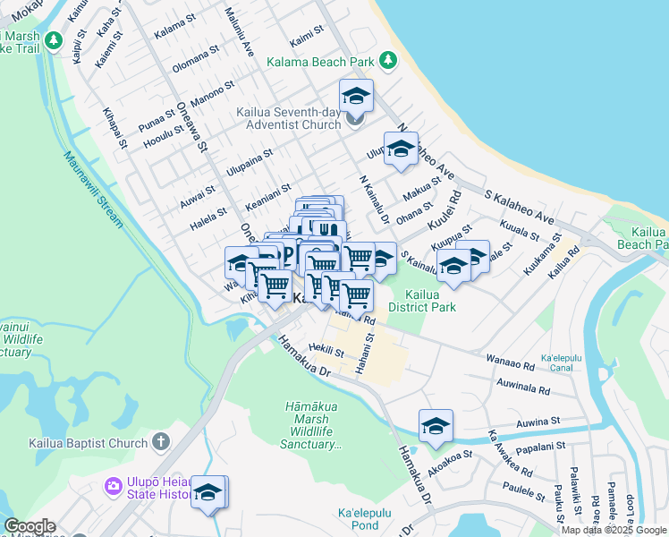 map of restaurants, bars, coffee shops, grocery stores, and more near 33 Aulike Street in Kailua