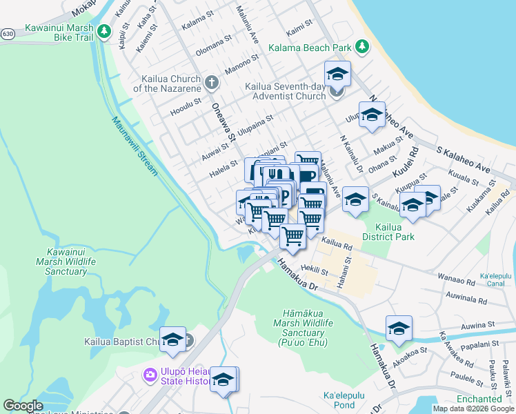 map of restaurants, bars, coffee shops, grocery stores, and more near 538 Wailepo Street in Kailua