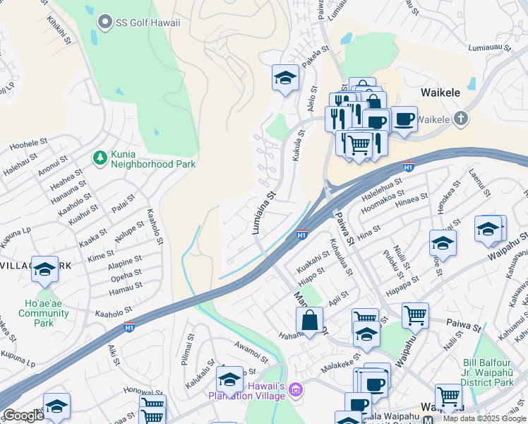 map of restaurants, bars, coffee shops, grocery stores, and more near 94-230 Kanawao Place in Waipahu