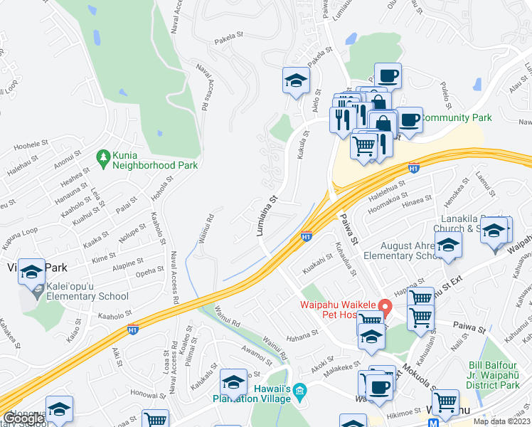 map of restaurants, bars, coffee shops, grocery stores, and more near 94-230 Kanawao Place in Waipahu