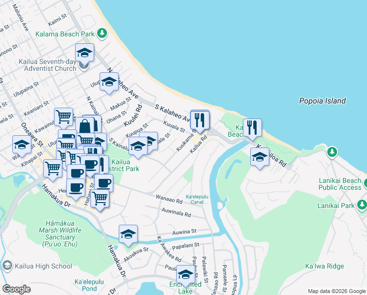map of restaurants, bars, coffee shops, grocery stores, and more near 177 Kuukama Street in Kailua