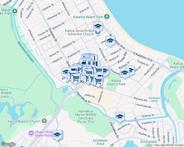 map of restaurants, bars, coffee shops, grocery stores, and more near 33 Aulike Street in Kailua