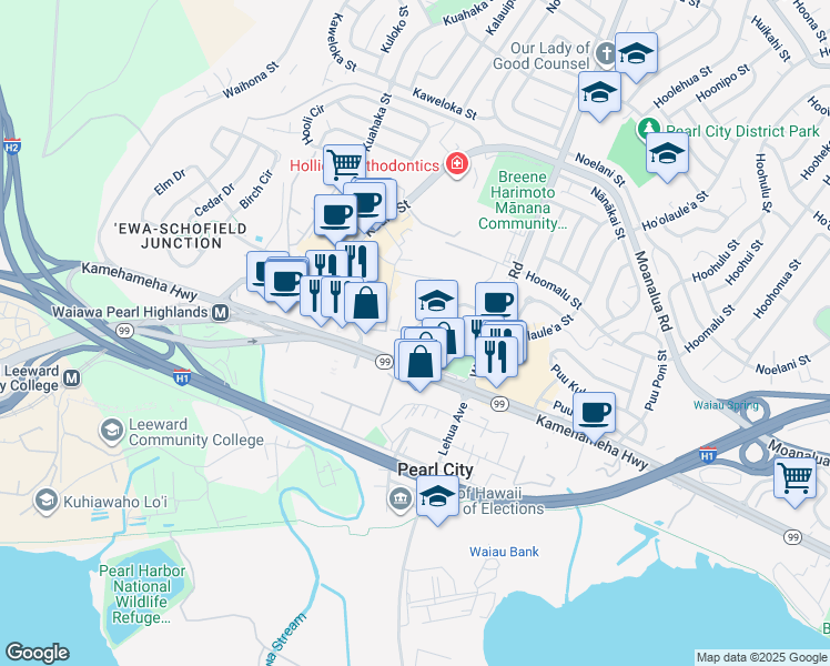 map of restaurants, bars, coffee shops, grocery stores, and more near 1066 Luehu Street in Pearl City