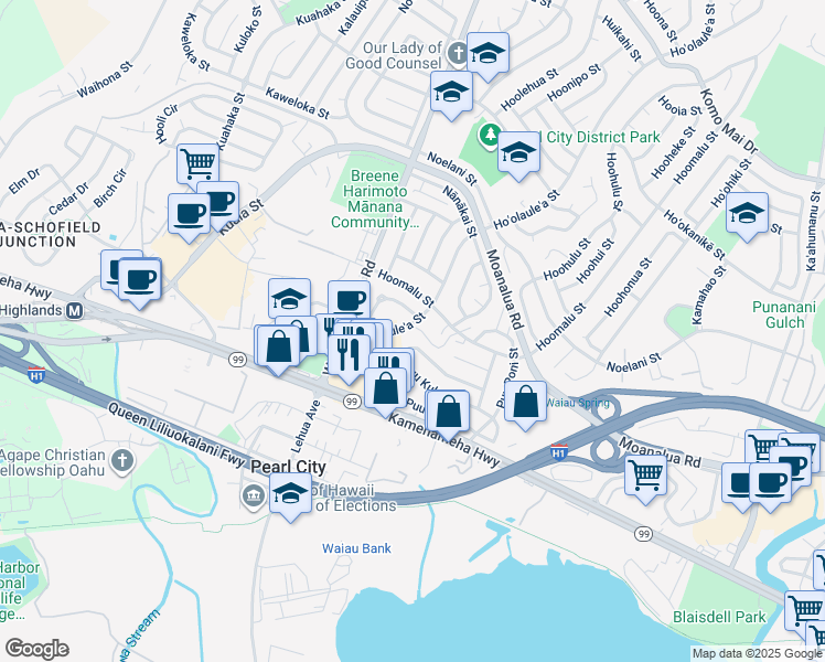 map of restaurants, bars, coffee shops, grocery stores, and more near 1185 Hoʻolauleʻa Street in Pearl City