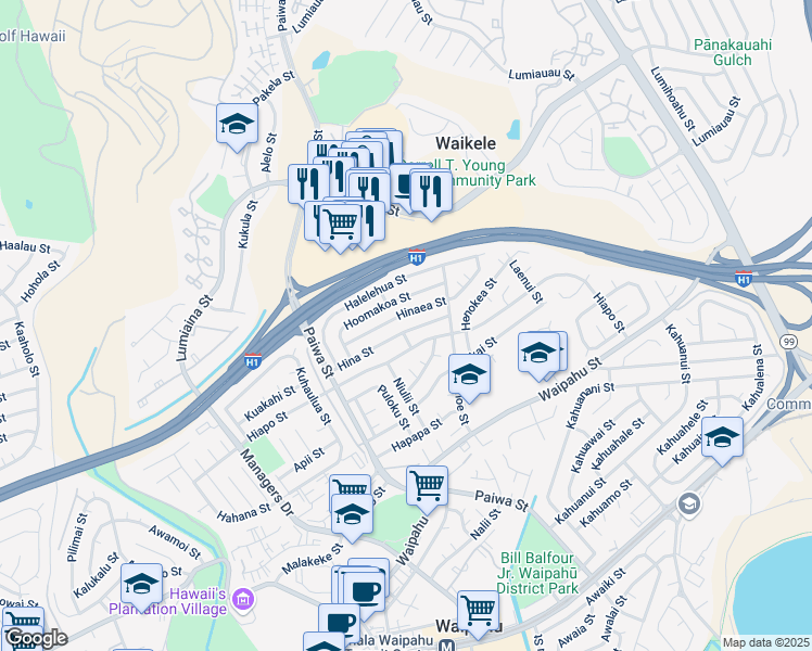 map of restaurants, bars, coffee shops, grocery stores, and more near 94-1154 Hina Street in Waipahu