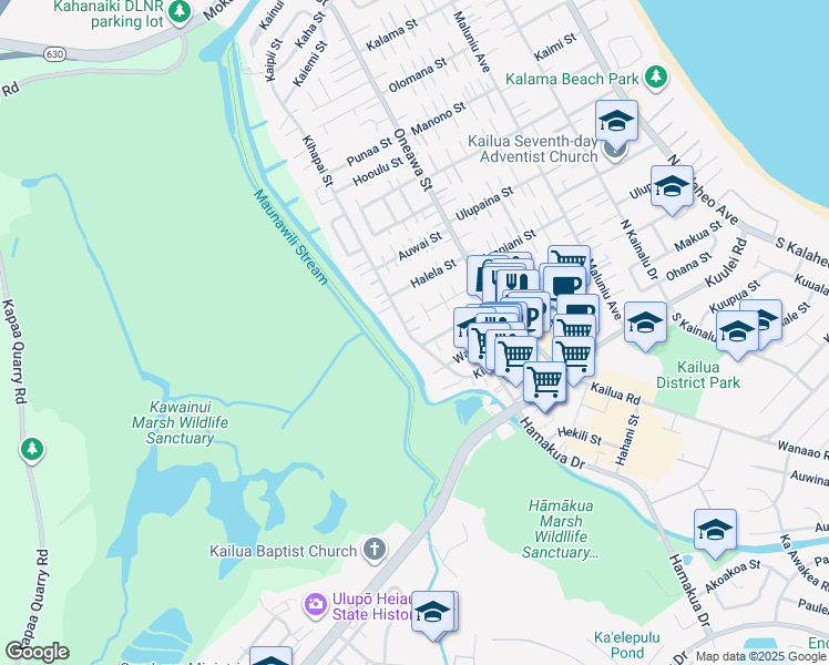 map of restaurants, bars, coffee shops, grocery stores, and more near 220 Kihapai Street in Kailua