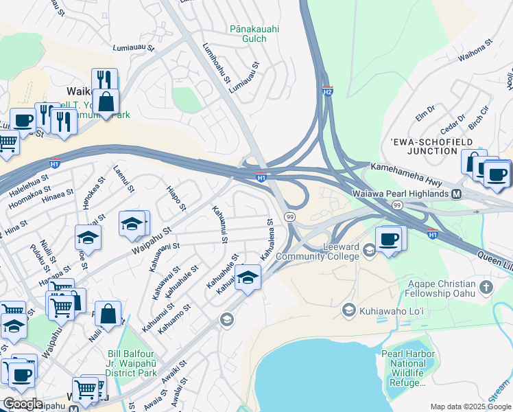 map of restaurants, bars, coffee shops, grocery stores, and more near 94-432 Kahualena Street in Waipahu