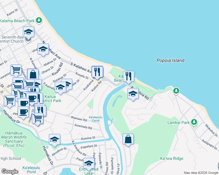 map of restaurants, bars, coffee shops, grocery stores, and more near 111 Kakahiaka Street in Kailua