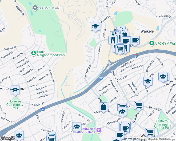 map of restaurants, bars, coffee shops, grocery stores, and more near 94-545 Lumiaina Street in Waipahu