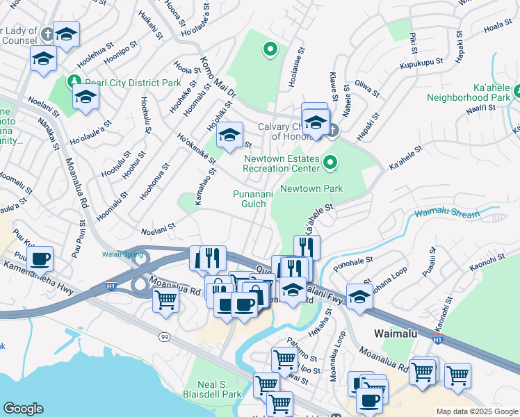 map of restaurants, bars, coffee shops, grocery stores, and more near 98-1429 Kaʻahumanu Street in Aiea