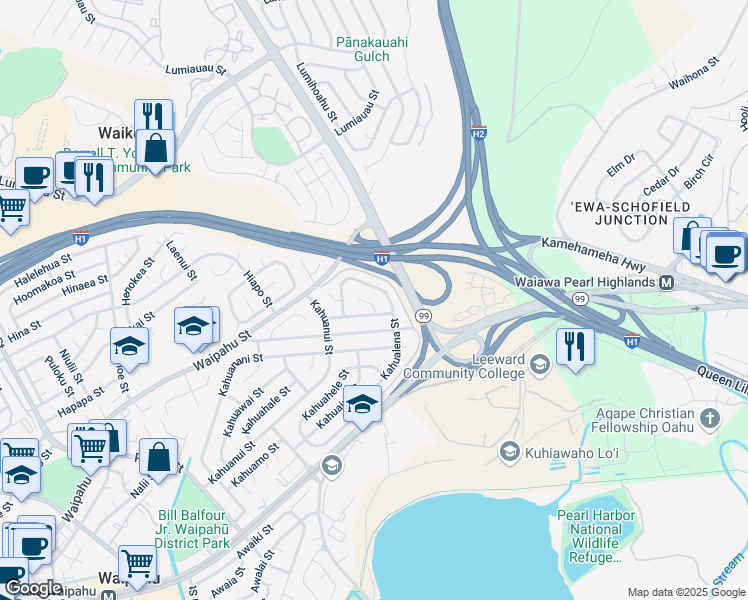 map of restaurants, bars, coffee shops, grocery stores, and more near 94-432 Kahualena Street in Waipahu
