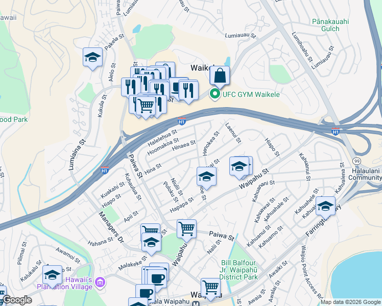 map of restaurants, bars, coffee shops, grocery stores, and more near 94-1187 Hina Street in Waipahu