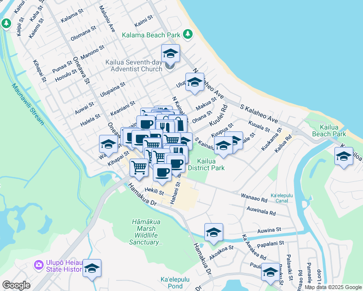 map of restaurants, bars, coffee shops, grocery stores, and more near 239 Kuulei Road in Kailua
