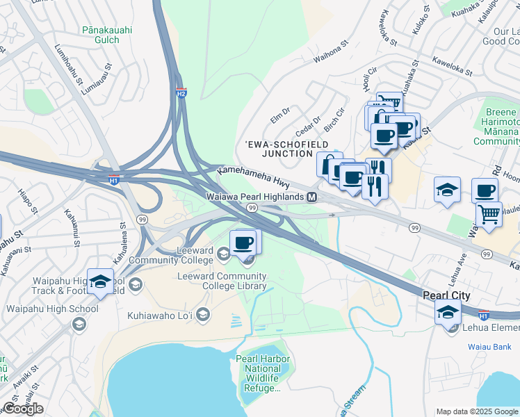 map of restaurants, bars, coffee shops, grocery stores, and more near Farrington Highway in Pearl City