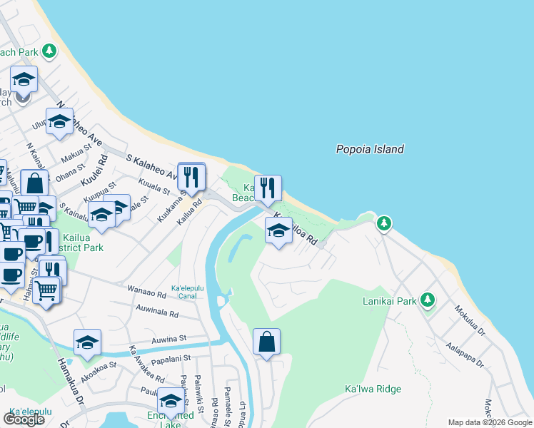 map of restaurants, bars, coffee shops, grocery stores, and more near 413 Kawailoa Road in Kailua
