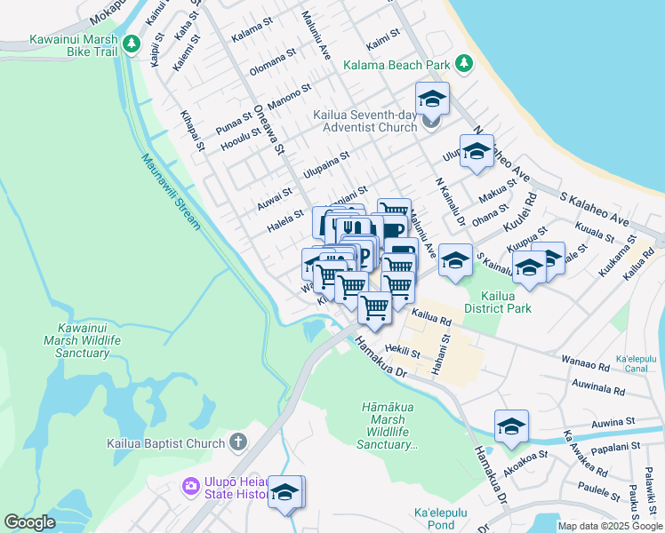 map of restaurants, bars, coffee shops, grocery stores, and more near 528 Wailepo Street in Kailua