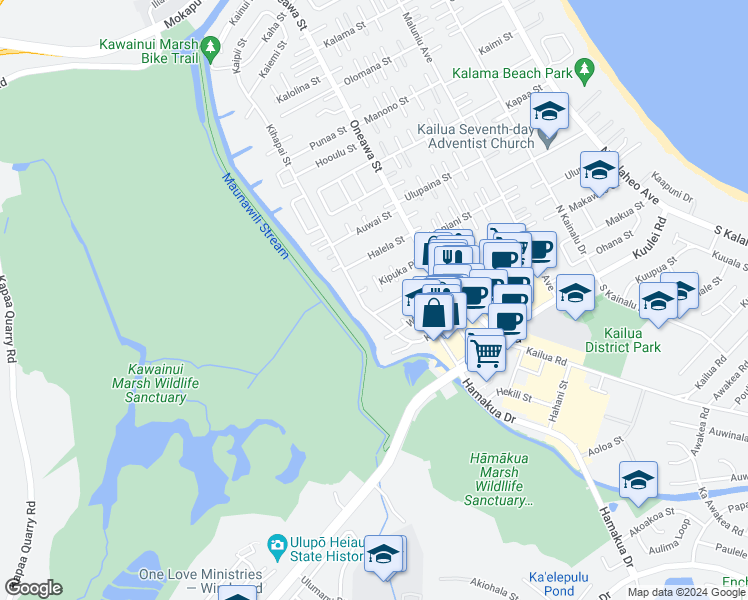 map of restaurants, bars, coffee shops, grocery stores, and more near 220A Kihapai Street in Kailua