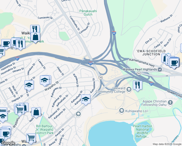 map of restaurants, bars, coffee shops, grocery stores, and more near 94-432 Kahualena Street in Waipahu