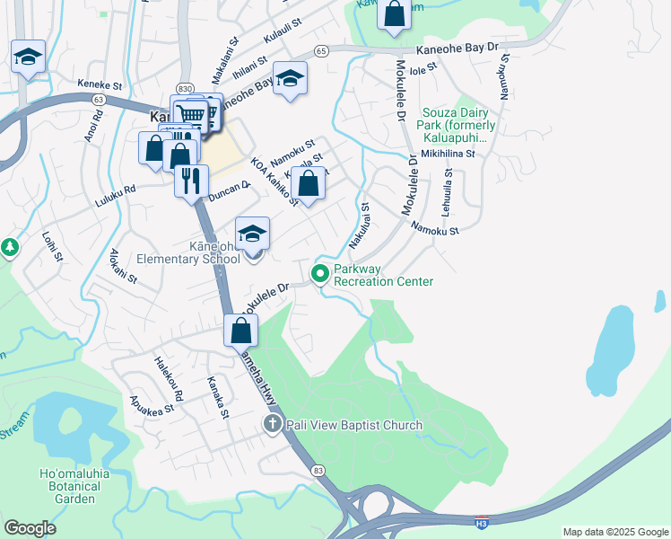 map of restaurants, bars, coffee shops, grocery stores, and more near 45-381 Mokulele Drive in Kaneohe