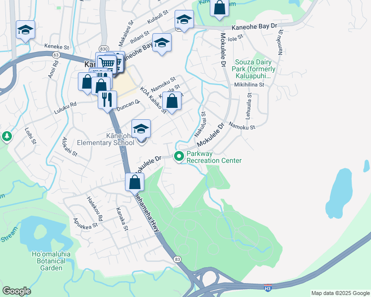 map of restaurants, bars, coffee shops, grocery stores, and more near 45-381 Mokulele Drive in Kaneohe