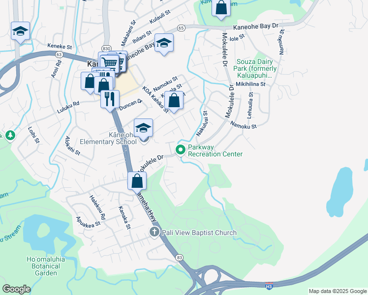 map of restaurants, bars, coffee shops, grocery stores, and more near 45-381 Mokulele Drive in Kaneohe