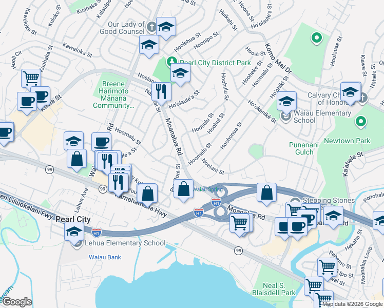 map of restaurants, bars, coffee shops, grocery stores, and more near 1221 Hoohulu Street in Pearl City