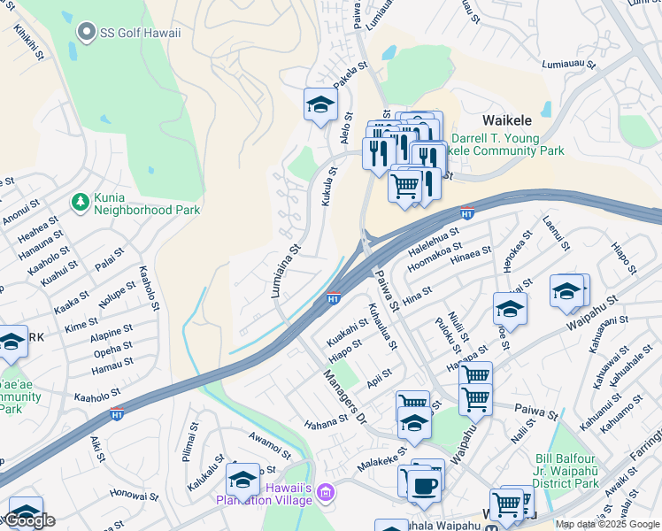 map of restaurants, bars, coffee shops, grocery stores, and more near 94-1039 Leihaku Street in Waipahu