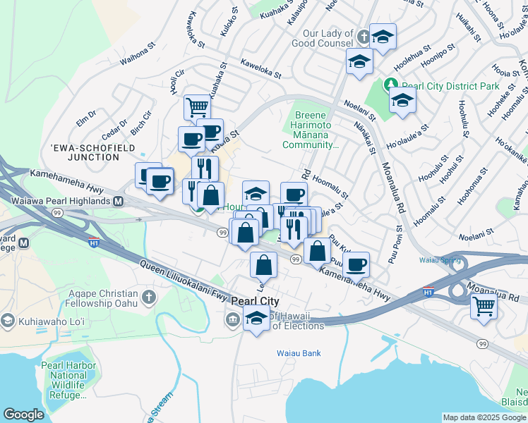 map of restaurants, bars, coffee shops, grocery stores, and more near 804 Luehu Place in Pearl City